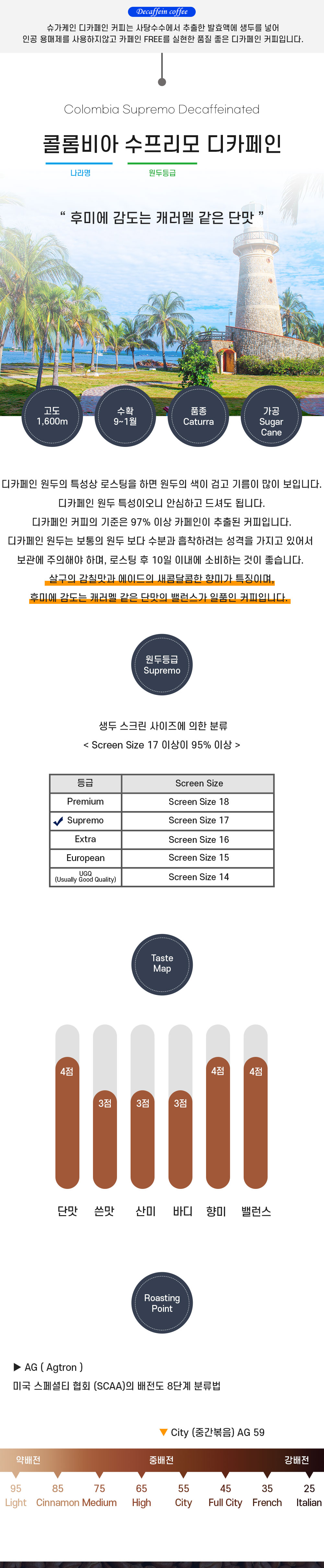 콜롬비아 수프리모 디카페인 원산지, 향미와 로스팅 안내